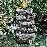 BTGGG Springbrunnen für Außen, Brunnen Garten mit LED Beleuchtung, Zimmerbrunnen für Draußen, Wasserspiel Garten,Wasserfall Brunnen für Garten, Gartenteich, Terrasse, Teich, Balkon Deko, Dunkelgrau