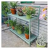 Pflanztisch aus Metall für den Außenbereich, mit offenem Regal mit 2 Ebenen, Gartenarbeitsplatz zum Pflanzen und Eintopfen, Grün, 126,5 x 45 x 115,5 cm, perfekt für Terrasse und Hinterhof