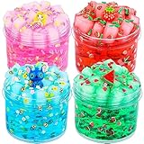 4 Pack Jelly Cube Crunchy Slime Kit, with Red, Blue, Pink and Green Clear Crunchy Slime Toy, Super Soft & Non-Sticky, Stress Relief Toy for Girls and Boys, Kids Party Favors and School Education