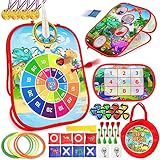 Chennyfun Dartscheibe Wurfspiel Gartenspiele für Kinder- 6 in 1 Dinosaurier Dartspiel mit Dart,Sitzsack, Klettbälle,Ring toss Dreiseitiges Zusammenklappbar Spielzeug Bean Bag Toss Set