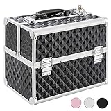 Arebos Kosmetikkoffer | 15L | 5 Fächer | Aluminium | Diamant-Muster | inkl. Schloss & Schlüssel | 2 ausklappbare Etagen | Samteinlage | 32 x 27 x 22 cm | Schwarz