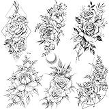 COKTAK 6 BläTter Groß Schwarz Rose Blume Temporäre Tattoos Frauen Körper Arm Beine Päonie Geometrisch Aufkleber Gefälscht Wasserdicht Skizzieren Tätowierung Sexy Pfingstrose Temporary Tattoos