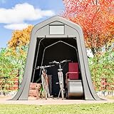 Geräteschuppen 366x213x225cm mit Rolltor & Spitzdach, Wasserdichtes PE Gartenhaus für Motorräder & Gartengeräte, Inkl. L-Erdnägeln Grau