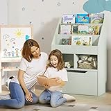 Kinder Bücherregal mit Schublade, 3 Ablagefächern und 2 offenen Fächern, Aufbewahrungsregal für Kinderzimmer, Spielzimmer, Standregal mit Kippsicherung, Weiß (Green)