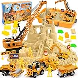 Kinetischer Sand, Baustelle Magic Sand Koffer mit 1400g Knetsand, Kranspielzeug, 5 Mini-Fahrzeuge & 14 Sandformen, Sensorisch Sandspielzeug Spielsand Zaubersand Geschenk für Kinder Jungen Mädchen