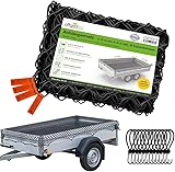 Offgridtec Anhänger-Ladungssicherungsnetz 2x3m auf 3x4m, Dehnbar & Feinmaschig, Inkl. 12 Spannhaken, Eckmarkierungen, Verstärktes Gummiseil, Ladungssicherung für Anhänger, Baumaterialien