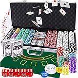 Retoo Pokerkoffer Set 500 Chips im Aluminiumkoffer – Komplettes Pokerset mit 2 Spielkartendecks, 5 Würfeln, 3 Dealer Buttons – Perfekt für Texas Hold’em, Blackjack & Casinoabende
