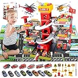 RoserRose Parkhaus mit 5 Etagen, Autorennbahn Parkgarage mit Verfolgungsjagd, 14 Autos, 2 Hubschrauber, mit Aufzug, Licht, Sound und Große Karte, Parkgarage für Kinder ab 3 Jahren, Feuerwache