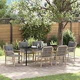 HEFZGDB 7-teiliges Garten-Esszimmer-Set mit beigen Kissen aus Poly Rattan, wetterfeste Outdoor-Möbel für Terrasse und Balkon, Bequeme Sitzgruppe mit PE-Rattan und Stahlrahmen,