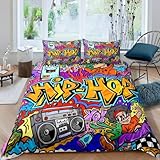 Homewish Hip-Hop-Bettwäsche-Set für Einzelbett, Graffiti-Bettwäsche-Sets für Teenager, Jungen, Hippie-Raumdekoration, abstraktes Hippie-, urbanes Kritzelmuster, 2-teilig, buntes Straßenkultur-Dekor