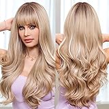 EMMOR Ombre Blonde Perücken für Frauen Highlight Farbperücken mit Pony Lange Lockige Hitzebeständige Faser Synthetische Perücke Täglich Natürlich Aussehend