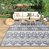 MOKANI Outdoor Teppich Wetterfest, Wendbarer Balkon Camping Teppich 120x180 cm, Kunststoff Stroh Terrasse Matte UV-beständige Outdoorteppich Rug Carpet für Garten RV Picknick, Boho-Style, Grau