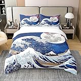 Homewish Bettbezug aus 100 % gewaschener Baumwolle, japanischer Stil, japanisches Ukiyoe-Bettwäsche-Set, nautische Ozeanwellen, Bettdeckenbezug für Kinder und Erwachsene, rosa Kirschblüten-Bett-Sets