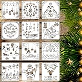 12 Stück Weihnachts Malvorlage Schablonen Set,Schneespray Fenster Schablone, Bastelset für Kinder mit Motiven zum Nachmalen, Sprühen & Schablonieren, DIY Weihnachtsdekoration. (B)