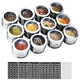 SZILBZ Gewürzgläser 12 Set, Edelstahl Transparent Top BBQ Gewürzdose Magnetische Vorratsdosen Stick on Kühlschrank und Grill, mit 120 Gewürzaufklebern