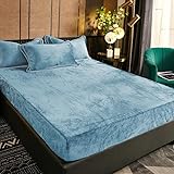 Luofanfei Winter Spannbettlaken 90x200cm Hellblau Blau Samt Warm Kuschel Boxspringbett Frottee Bettlaken Biber Fleece Spannbetttuch Uni Muster Spannbetttücher für Hohe Matratze Steghöhe 25-30cm