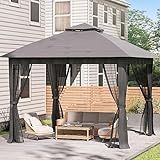 UDPATIO Pavillon 3.3 x3.3 M Faltpavillon Zelt Instant Patio Gazebo Wasserdicht Stabil Winterfest mit Doppeldach, Moskitonetz und 4 Sandsäcken, Metallstreben Gartenpavillon für Terrasse,Garten, Grau