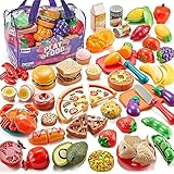Laugigle Pretend Play Food für Kinder Küche, 78-teiliges Spielfutter-Set für Kinderküche mit Lagerung Tasche, gefälschte Lebensmittel mit Pizza Spielzeug, kinderküche zubehör, Jungen Mädchen Geschenk