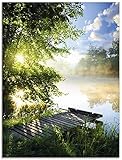 Glasbilder Wandbild Glas Bild einteilig 60x80 cm Hochformat Natur Landschaft Wald Baum See Steg Sommer Sonne Gräser T0WD ARTland