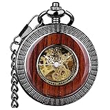 VIGOROSO Mechanische Taschenuhr für Herren, Handaufzug, Vintage-Stil, Steampunk, Holzmaserung, hohles Design, mit Kette und Box, Schwarz, Taschenuhr, V031.H
