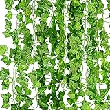 KASZOO Efeu Künstlich Girlande, 12 Stück Grün Efeu mit Nylon Kabelbinder Pflanzen Efeuranke für Garten Hochzeit Party Wanddekoration