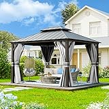 UDPATIO 3 x 3.65 m Gartenpavillon Wasserdicht Stabil Winterfest Hardtop Pavillon, Verzinkter Stahl Doppeldach Aluminium Pavillon mit Moskitonetz und Vorhänge für Garten, Terrasse, Rasen, Grau