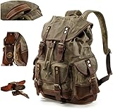 Mens Waxed Canvas Rucksack Leder Rucksack für Männer Wax Leather Rucksäcke Travel Vintage Bookbag mit Laptopfach Rustikal Large Waterproof Army Green