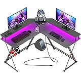 SEVEN WARRIOR Gaming Tisch, Schreibtisch mit LED, Steckdosen, Eckschreibtisch mit Monitorständer, 2 Haken, Ergonomischer Computertisch L Form, 127cm