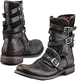 Reitstiefel, Steampunk Retro PU-Leder-Ritterstiefel mit 3 Schnallen, Outdoor-Mode-Stiefelettenschuhe für Herren im Alltag, Schwarz, 42 EU