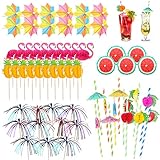 Cocktail Deko, 80 Stück Wiederverwendbar Cocktail Schirmchen, Feuerwerk Sticks, Rührer Sticks, Papier Strohhalme, Cocktail Party Dekorationen für Sommer Party Hochzeitsfeier Bar Getränke Kuchen Deko