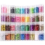 36 Farben Chunky Glitzer Set, Klobige Pailletten und Feine Glitzer Pulver, Schillernde Glitzerflocken, Kosmetik Make up Glitter für Gesicht, Körper, Augen, Nail Art, Chunky Glitzer für Harzepoxid