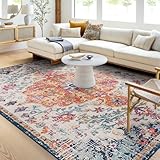 Surya Asmara Vintage Teppich groß - Teppich Wohnzimmer 160x220cm, Esszimmer, Schlafzimmer - Orientalischer Teppich Boho Style - Carpet Living Room, Bunter Muster, Blau und Orange