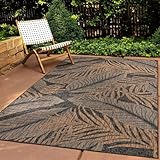 Taracarpet In & Outdoor Teppich Wetterfest Wohnzimmer Balkon Küchenteppich Terrassenteppich Flachgewebe Sisaloptik mit Muster blätter schwarz 120x160 cm