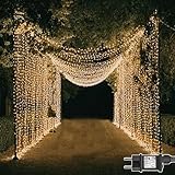 Dekofun Lichterketten Vorhang 600 LED 6m x 3m Lichtervorhang Aussen mit Stecker, Timer, 8 Modi Wasserdichte Lichterkette Wand für Außen Garten Fenster Hochzeit Weihnachtsdekoration - Warmweiß