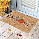 Fußmatte Halloween für Innen - Schmutzfangmatte Natur, Kokosmatte Kürbis Orange, Fußabtreter rutschfest für Flur, Terrasse, Eingangsbereich Lustige Fußmatten (A, 60x40cm)