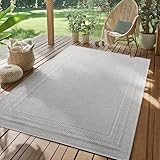 SIMPEX Outdoor Teppich Wetterfest Grau 160x230 cm, UV-beständig, ideal für Küche, Balkon, Terrasse, Garten Wohnzimmer Esszimmer, Einfarbiges Design mit Bordüre, Pfelgeleicht