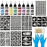Henna Tattoo Set 8 Farben Tinte, Inklusive 195 Schablonen Mit Handschuhe Und Applikatoren für kreative Tattoo Designs Festen, Zubehör für temporäre Tattoos DIY Körperkunst, Malerei Partygeschenke