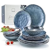 SÄNGER | Tafelservice Darwin 12 tlg, Steingut Geschirrset 4 Personen, Teller Set in Blau inkl. Speiseteller Dessertteler & Tiefe Teller, Essgeschirr, Geschirr Set Handmade | PREMIUM COLLECTION