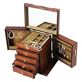 Repomanda Schmuckkästchen mit Spiegel und Schloss, 5-stöckige Schmuckschatulle aus Holz mit 4 Schubladen und seitlichen Türen, Schmuckaufbewahrung für Ringe, Ohrringe, Armbänder und Halsketten, Braun