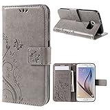 jbTec® Flip Case Handy-Hülle passend für Samsung Galaxy S6 / SM-G920F - Book Muster Schmetterlinge S16 - Handy-Tasche Schutz-Hülle Cover Handyhülle Ständer Bookstyle Booklet, Farbe:Grau