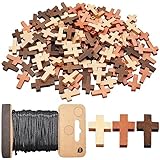 saijer Holz Kreuz Anhänger,150 Stück Holzkreuz Mit 1 Rollen Gewachste Polyester Schnur 20M Streuartikel Taufe Verzierung 3 Farbe Segen Kreuz Charm für DIY Halskette Schmuck Zubehör Taufe Kommunion