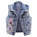 Runstarshow Ärmellose Denim-Weste für Damen, Jeansweste, kurze Weste, Knopfleiste, Retro-Jeansjacke, elegant, bestickt, Blumenmuster, Frühling, Herbst, Kleidung, Größe S-XXL/EU 34-44, blau, L
