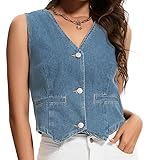 MISS MOLY Damen Beiläufige Denim Weste Ärmellos Jeansjacke mit Ziertaschen V-Neck Vest Jeansweste Collegejacke