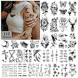 Acevegue 112 Blätter Temporäre Tattoos Set, Klebetattoos Erwachsene Frauen Männer, 3D Realistische Wasserdicht Hals Arm Fake Tattoos zum Aufkleben Aufkleber Auf Die Haut