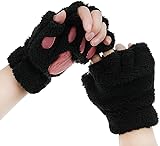 AfinderDE Halbhandschuhe Fingerlos Handschuhe Damen Mädchen Plüsch Halb dicken warmen Fingerhandschue Cartoon Tier Bär Katze Krallen Winterhandschuhe