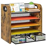 DAOUTIME 5 Tier Mesh Schreibtisch Organizer mit Drawer, Holz Desktop File Organizer mit Griff, Metall Papier Brief Tray Organizer, Dateisorter Dokumentenhalter, Desk Storage Organizer für Büro,