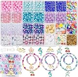 LWAIX Perlen Set Ca.904stk zum Auffädeln Armbänder Selber Machen Kinder mit 6/8mm Bunte Bastelperlen Pearls Einhorn Meerjungfrau und Anhänger für Weihnachten Feiertage Geburtstage Partys Belohnungen