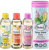 Balea 4er-Set Hautpflege: Massageöl LITSEA CUBEBA geschmeidig weiche Haut (100 ml) + Pflegeöl SENSE OF APRICOT (100 ml) + Hautöl PARADISE DREAMING (100 ml) + Duschgel TOTES MEER SALZ (300 ml), 600 ml