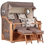 MR. DEKO Strandkorb Komplettset Baltikum Teak-Holz Volllieger | 2,5 Sitzer-Strandkorb mit Bullauge | Gartenlounge inkl. Lifter-System, Rollen, Abdeckhaube | Premium Gartenmöbel 142x170x95 cm