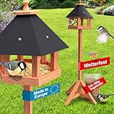 Rellinger® Vogelhaus mit Ständer wetterfest [WETTERFEST & LANGLEBIG] - inkl. 500g Premium Vogelfutter - Futterhaus für Vögel aus FSC zertifiziertem Holz - Sechseck Vogelhäuschen (robust & stabil)